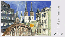 Aquarelle zu Halles Industriebauten