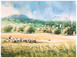 Schafherde am Petersberg Aquarell von André Khamasmie